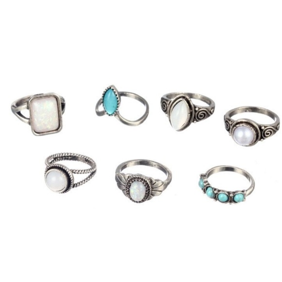 Boho Gypsy SILVER Opal Moonstone Midi Ring Set - Picture 4 of 7